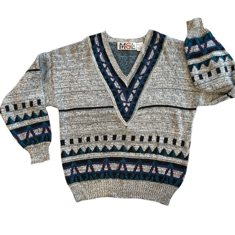 MGL 80's Gray Blue V-Neck Men's Sweater Vintage Michael Gerald Medium Grandpa